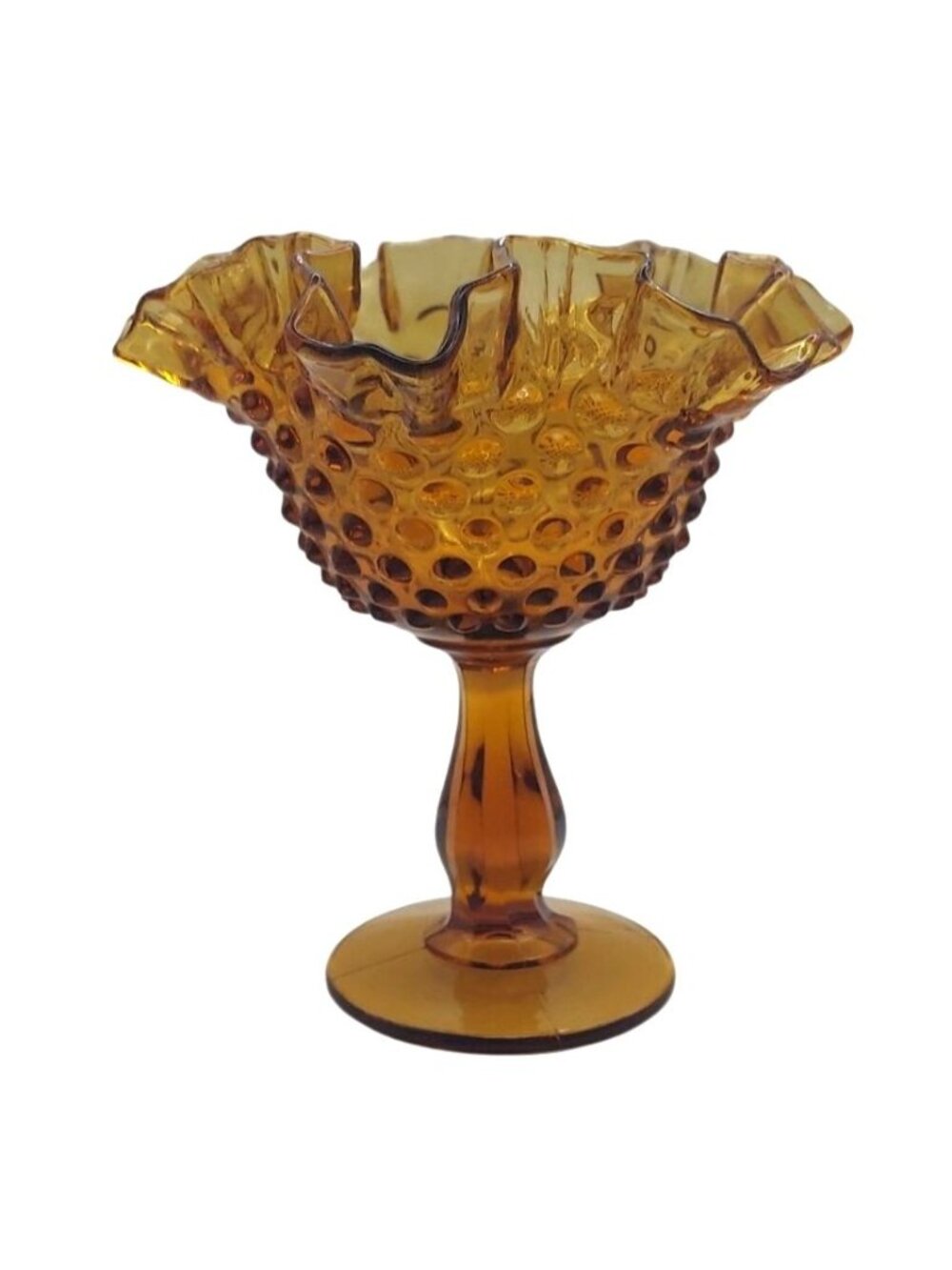 Fenton Glass Amber Hobnail Crimped Ruffled Compote Pedestal Candy Dish Vintage